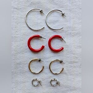 Vintage Hoop Pierced Earrings, 4 Pair, Various Sizes, Silver, Gold, Red